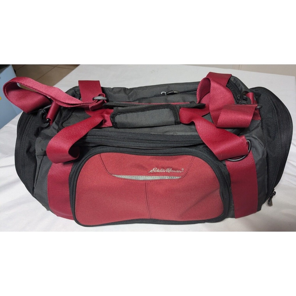 EDDIE BAUER Luggage Burgundy Black Canvas Travel Duffle‎ Bag EUC
